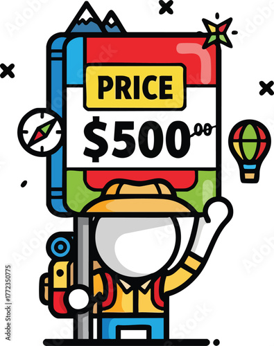 Traveler Stands By A Price Sign Showing 500 Dollars With A Hot Air Balloon And Compass In The Background