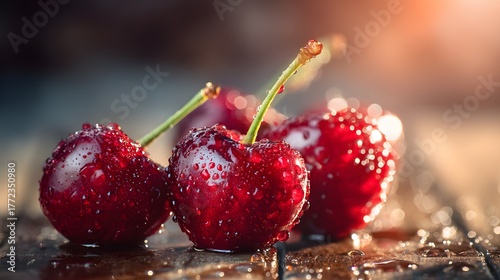 Fresh ripe stone fruits glisten with water droplets under warm natural light