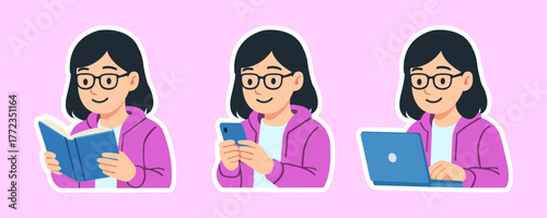 Set of Young Woman Cartoon Stickers with Technology - Reading Book, Using Phone and Laptop Vector