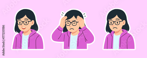 Set of Young Woman Cartoon Stickers with Emotional States - Happy, Stressed, and Sad Face Icons Vector