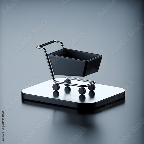 Minimalistic black and white 3D shopping cart icon isolated clean modern style high resolution design