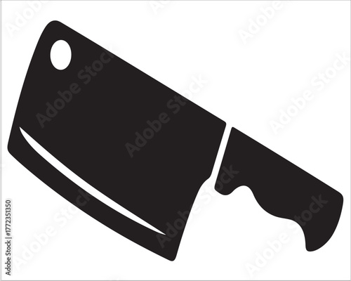 Simple black silhouette of a butcher cleaver knife with ergonomic handle in minimal vector design, symbolizing cooking, kitchen tools, and professional food preparation in culinary art style