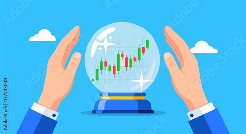 Crystal ball shows stock market growth, forecasting business success and financial prosperity, with hands protecting the future