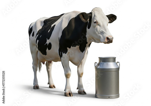 Dairy cow standing beside a classic metal milk container