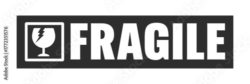 黒いテープに割れたグラスのアイコンとFRAGILEの文字 - 割れもの注意のメッセージのシール素材