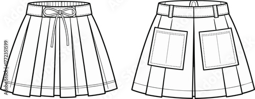 Pleated mini skirt vector flat sketch with belt bow tie and back patch pockets, fashion technical drawing for apparel design template