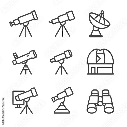 Telescope and observatory icons set featuring binoculars and satellite