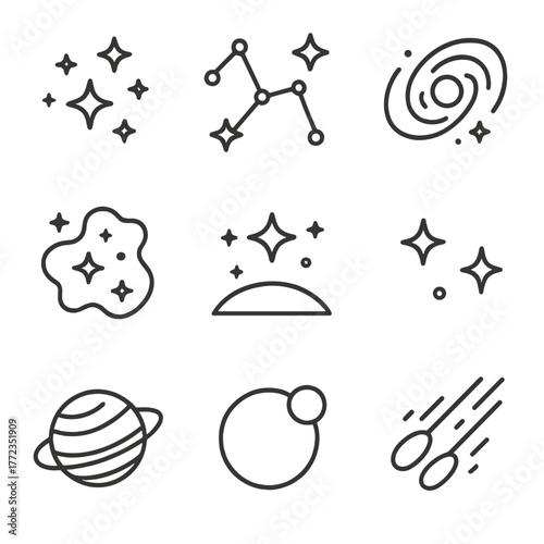 Simple cosmic icons featuring stars, planets, and constellations on a gradient background