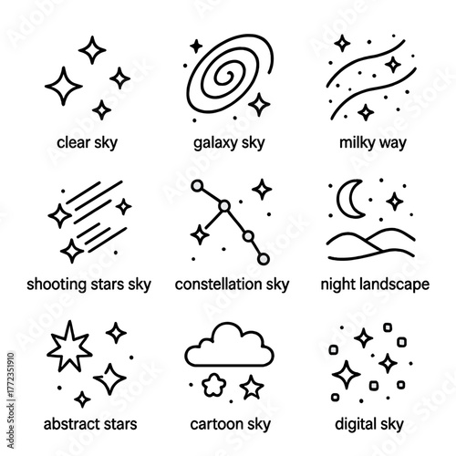 Celestial icons set featuring stars, constellations and night sky elements