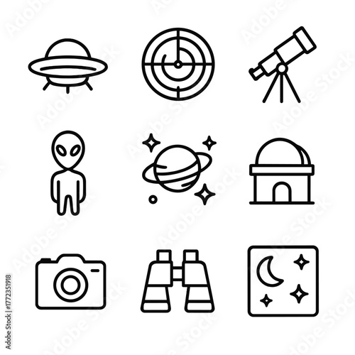 Space exploration icons set featuring ufo, telescope, and astronomy elements