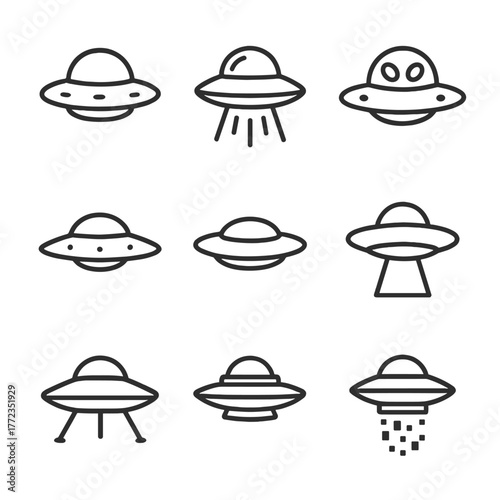 Minimalist ufo icon set on dark gray background featuring nine designs
