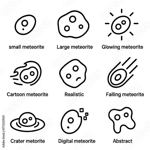 Cartoon and realistic meteorites: small, large, glowing, falling, and more