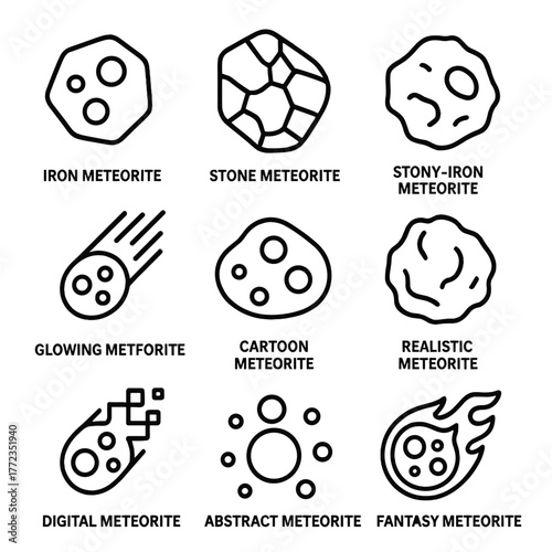 Meteorite icons set: iron, stone, stony-iron, glowing, cartoon, realistic designs