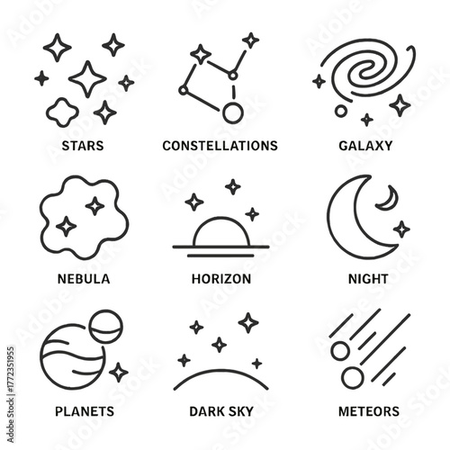 Celestial icons depicting night sky elements and astronomical symbols