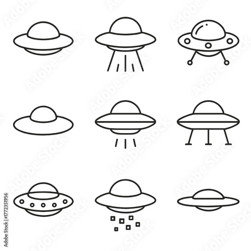 Simple ufo and spaceship icons set illustrating minimalist alien technology