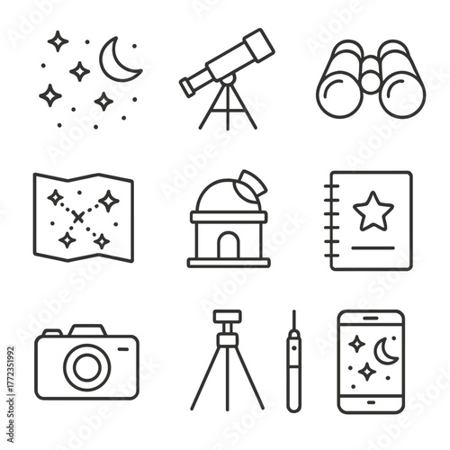 Astronomy icons: telescope, stars, binoculars, map, observatory, tripod, camera