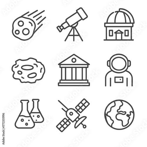 Space exploration icons set featuring telescope, astronaut, and planet symbols