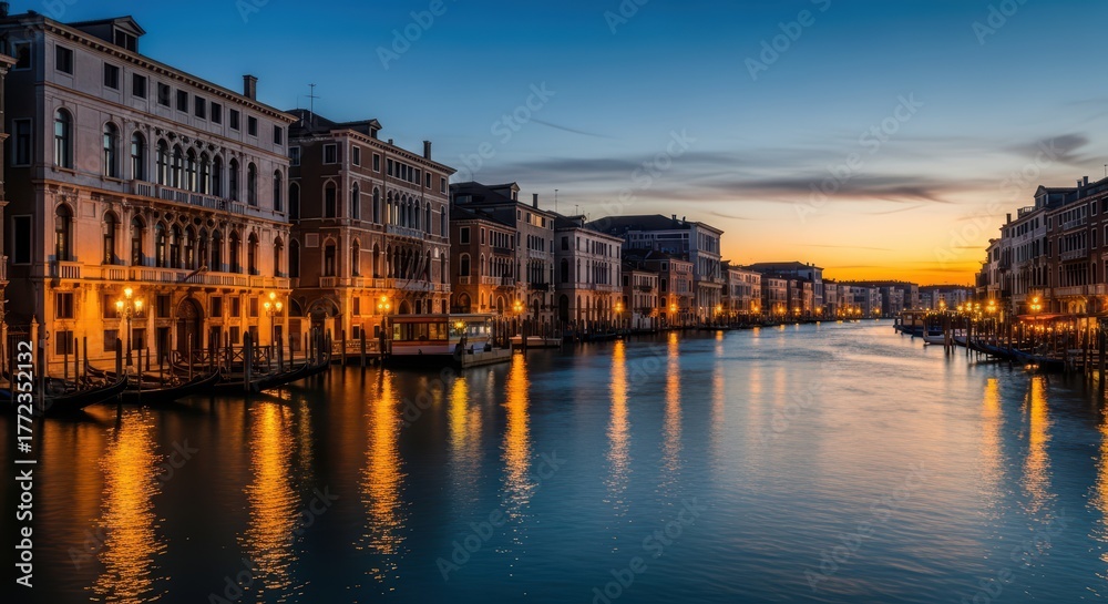 Obraz premium Sunset over grand canal in venice: illuminated historic buildings and serene water reflections