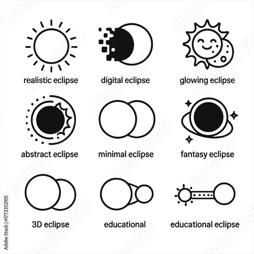Variety of eclipse icons featuring realistic, digital, and glowing designs