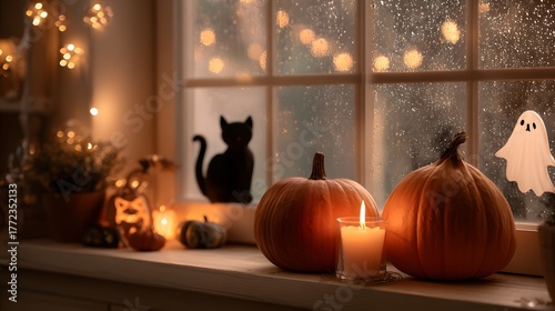 Festive fall decorations including pumpkins and seasonal figures sit upon a windowsill during inclement weather