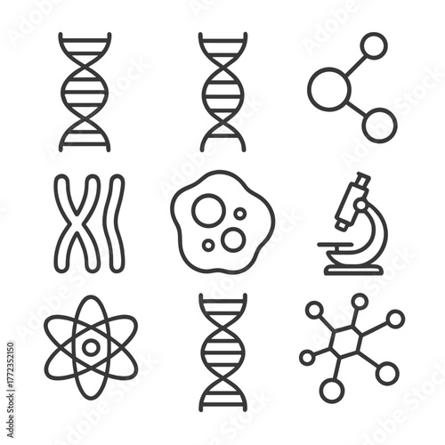 Scientific icons: dna, molecules, microscopes, and atomic structures