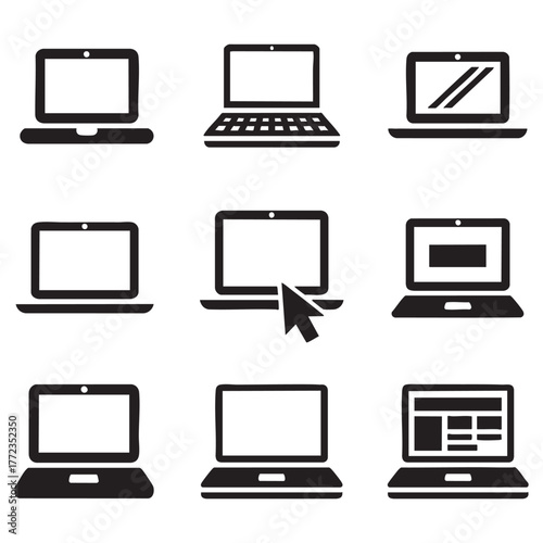 Collection of modern laptop computer icons for technology and digital services graphic design