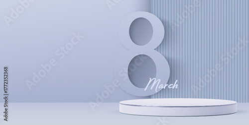 March 8 banner with round platform on grey background. Vector realistic illustration of white circular podium with number for gift or beauty product presentation, promo campaign for womens holiday