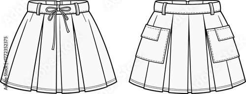 Pleated mini skirt vector flat sketch with tie belt and cargo pockets, fashion design technical drawing, apparel CAD template for women