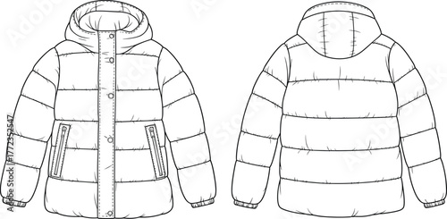 Puffer jacket technical flat sketch front and back view, winter coat fashion design template, outerwear CAD vector illustration, apparel mockup drawing
