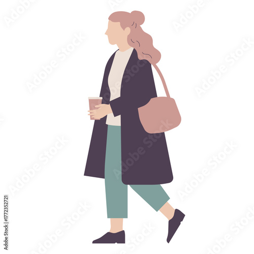 くすみピンクの髪の女性がテイクアウトドリンクを持って歩くイラスト