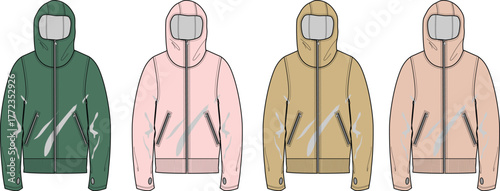 Set of four colored zip-up hoodie technical fashion flat sketches. Vector template for apparel design and clothing mockups