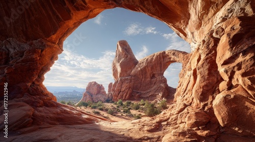 Giant sandstone arches rising from red earth defining the contours of an epic landscape