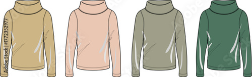 A collection of colorful quilted sleeveless puffer vest illustrations. Set of winter outerwear gilets shown in a fashion design template