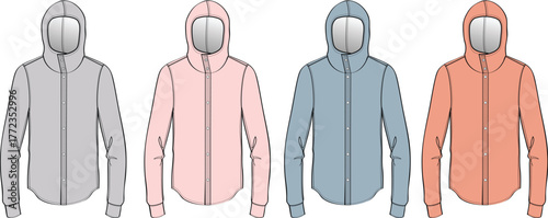 Technical fashion flats of a full-zip hooded jacket, showcasing four distinct color options. Ideal for clothing design, product development, and manufacturing specifications