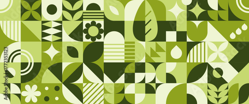Bauhaus geometric grid with plant shapes - leaves, flowers and circles in green color for modern decorative background. Abstract botanical mosaic of nature motifs with retro architectural style.