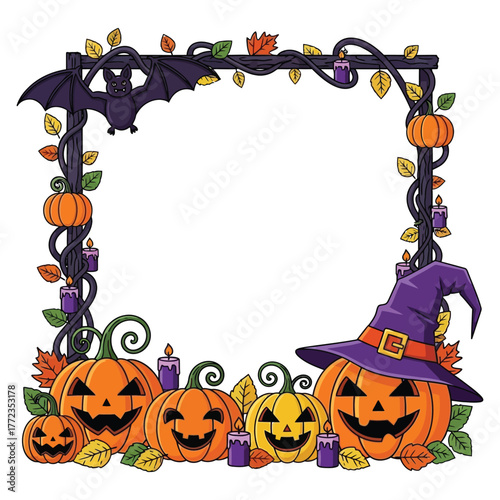 Spooky Halloween border with grinning pumpkins, a bat, and witch hat creates festive autumn celebration invitations and decorations