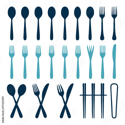 Collection of silhouetted cutlery utensils including spoons forks knives and chopsticks
