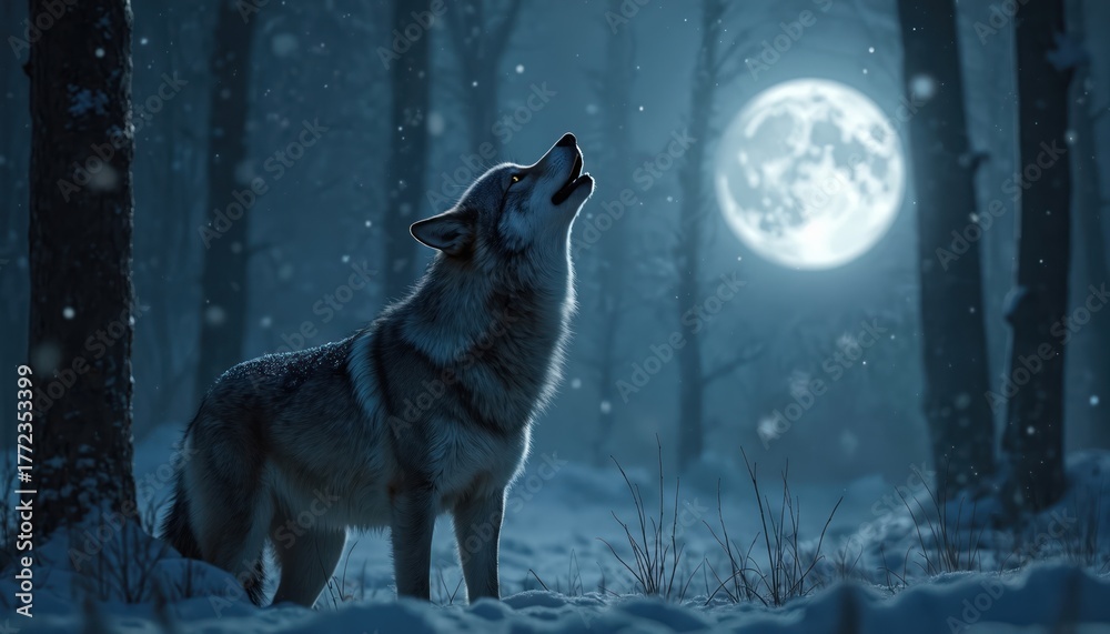 Naklejka premium A majestic wolf howls at full moon in snowy forest. Winter night scene with animal in nature. Wild wolf portrait on cold landscape. Lonely wolf creature under moonlight.