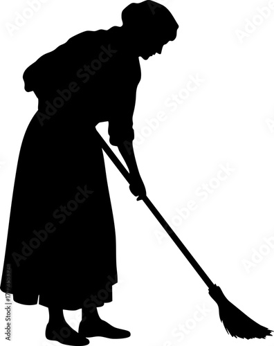 Vintage Woman Silhouette Sweeping Floor with Broom
