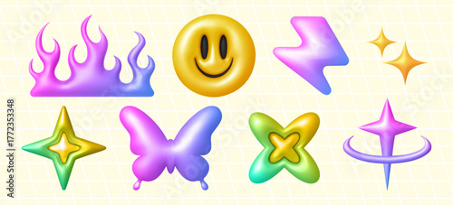 3d y2k object collection with glossy gradient flames, yellow smiling face, lightning bolt and sparkles for retro design. Butterfly and star shapes with orbital ring elements in vibrant colors.