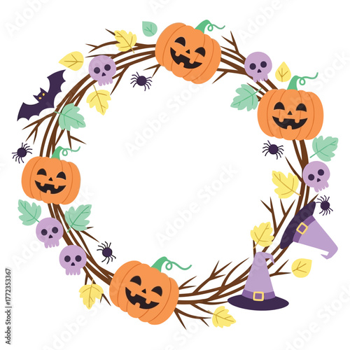 Spooky Halloween wreath featuring grinning pumpkins, purple skulls, bats, spiders, witch hats and autumn leaves perfect for festive decorations