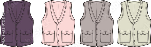 Set of four stylish vests in different colors, showcasing versatile fashion apparel for men