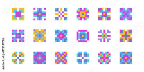 Retro pixel art flowers set isolated on white background. Vector illustration of 8-bit floral icons for arcade game design, old computer graphics, cute pixelated nature ornament, simple blossom shapes