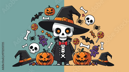 Whimsical Halloween skeleton character surrounded by spooky treats and festive decorations, perfect for seasonal celebrations and playful designs