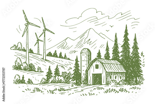 rural farm landscape with wind turbines sketch line art vector