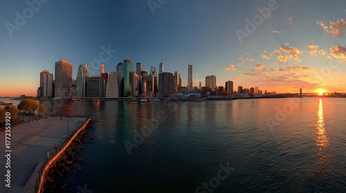 Wallpaper Mural A stunning skyline panorama at sunset, featuring tall buildings reflected in the calm water, with vibrant colors lighting the sky. Torontodigital.ca