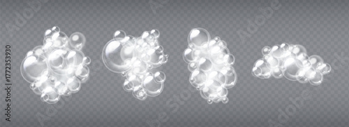 Soap sud bubbles set isolated on transparent background. Vector realistic illustration of cleaning detergent, shampoo or washing gel foam clouds, bathroom, shower or soapy laundry design elements