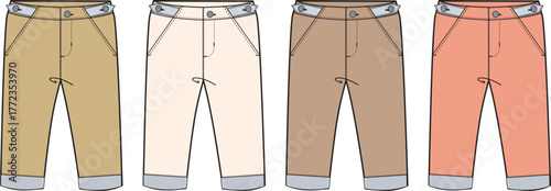 A selection of four casual cotton chino pants in various earth tones, presented side-by-side for comparison