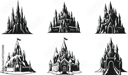 Fantasy castle silhouettes, medieval architecture, snow-covered design, vector illustration, CAD drawing, flat style, black icons, magical theme, graphic art, storytelling