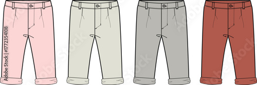 Set of colorful cargo pants in a technical fashion flat sketch illustration. Kids clothing design template collection with multiple colorways